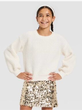 art class Cream Textured Crew Neck Sweater, key-hole back button closure w/bow
